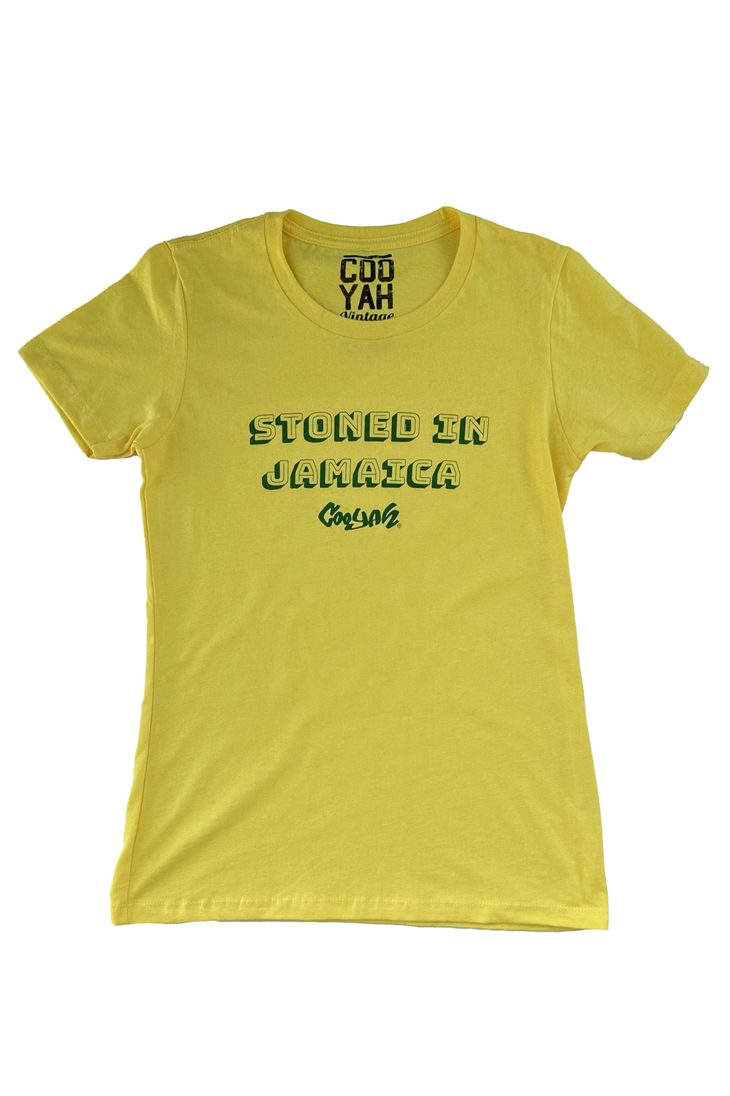 Cooyah Clothing.   Stoned in Jamaica graphic tee.  Yellow, short sleeve, crew neck women's top.  IRIE