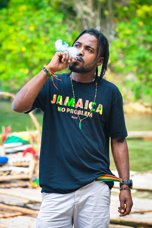 Cooyah Clothing. Jamaica No Problem men's graphic tee in black. Reggae style design on a short sleeve rinspun cotton t-shirt. Jamaican menswear.  IRIE, Kush