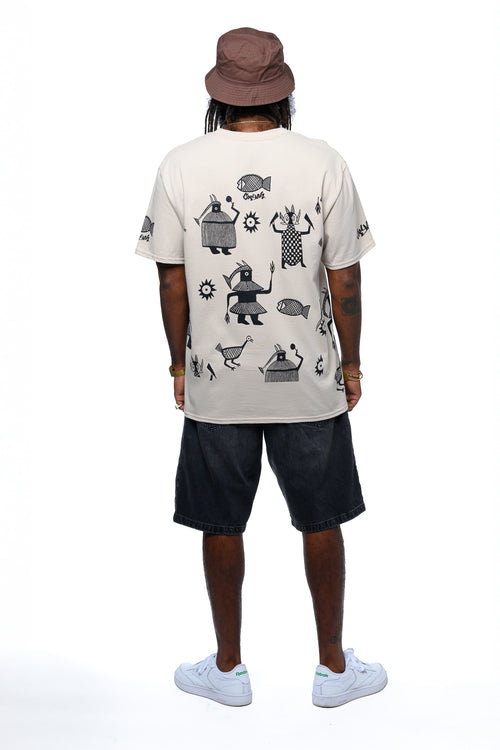 Cooyah - Men's The Ancient One shirt with screen printed African symbols.  Full print on the front, back, and sleeves on 100% ringspun cotton, boxy, relaxed fit graphic tee.  We are a Jamaican owned clothing brand established in 1987.