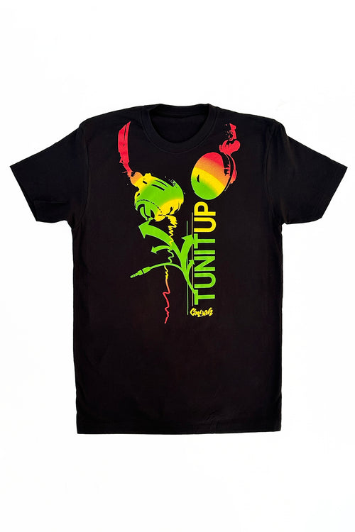 Cooyah Jamaica.  Men's Tun It Up Rasta tee.  Featuring a design with headphones screen printed in reggae colors.   Short sleeve, ringspun cotton.  Jamaican streetwear clothing since 1987.