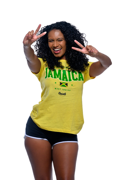 Cooyah Clothing - Women's Jamaica Land We Love graphic tee in yellow.  Screen printed on soft, 100% ringspun cotton.