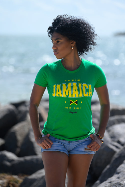 Cooyah - Women's Jamaica Land We Love graphic tees.  Jamaican streetwear clothing brand.