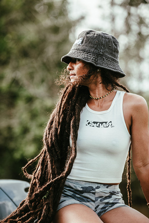 Cooyah Jamaica. Women's cropped ribbed tank top in white. Jamaican clothing brand since 1987. IRIE