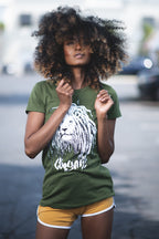 Cooyah Jamaica. Women's short sleeve, crew neck Rasta Lion with Dreads graphic tee in olive green. Soft, ringspun cotton. Jamaican rootswear clothing brand.