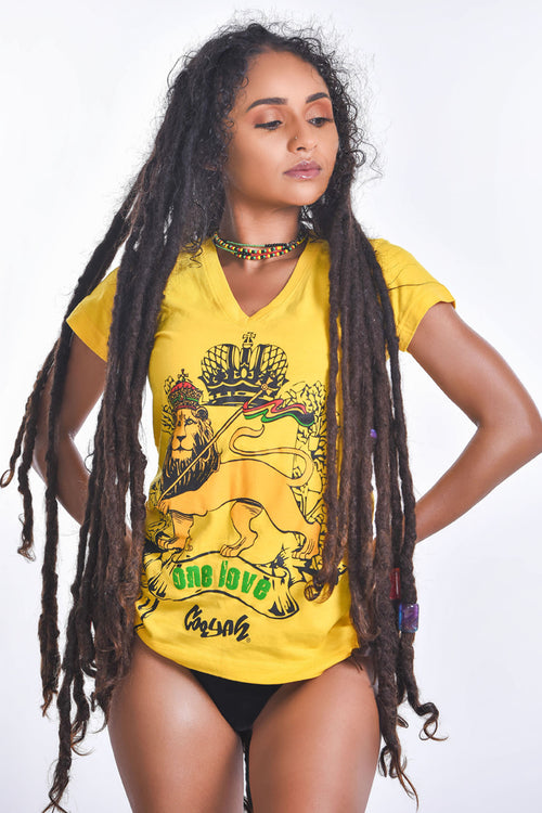 Cooyah Clothing. Women's v-neck Rasta One Love Lion Crown graphic tee. Jamaican clothing brand. IRIE