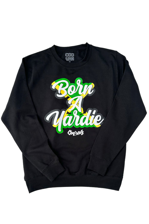 Cooyah women's black pullover sweatshirt with Jamaica Born A Yardie graphic.  Reggae style clothing.