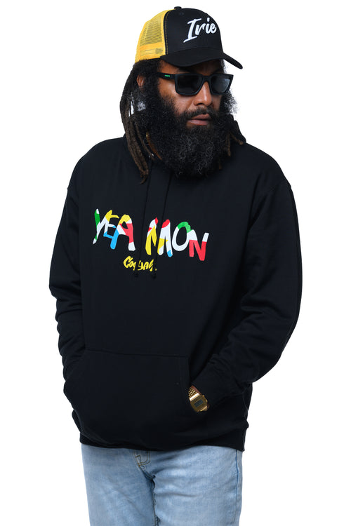 Cooyah Jamaica- Men's black Yea Mon Hoodie with colorful print.   Irie embroidered trucker hat.