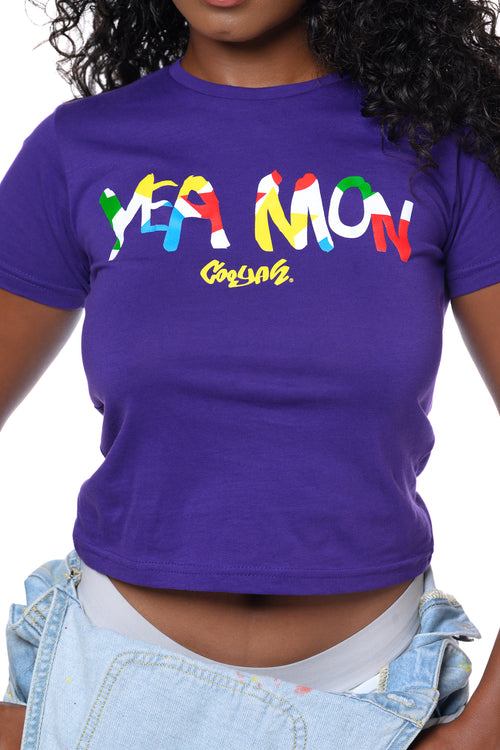 Women's purple Yea Mon shirt with colorful screen printed graphics.  Soft, 100% cotton fabric.  Cooyah - Jamaican owned clothing brand.