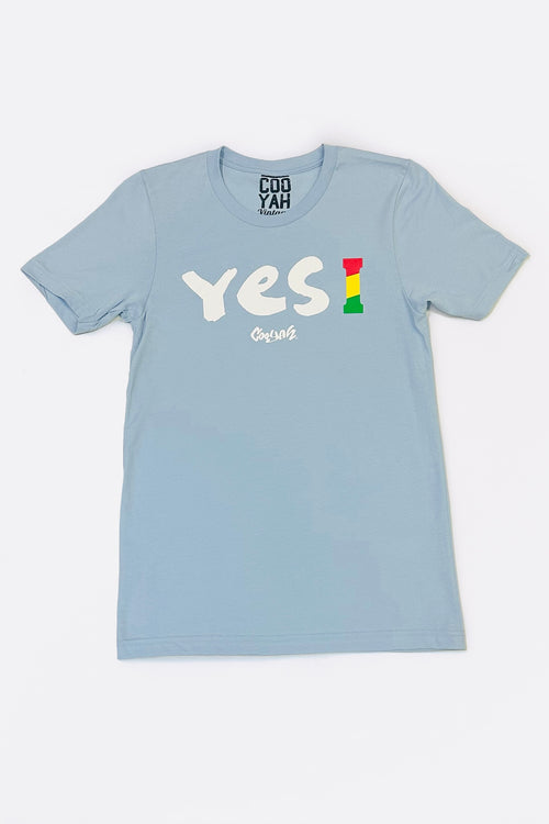 Cooyah Jamaica - Men's sky blue Yes I graphic tee with reggae style print.  Screen printed on soft 100% ringspun cotton.