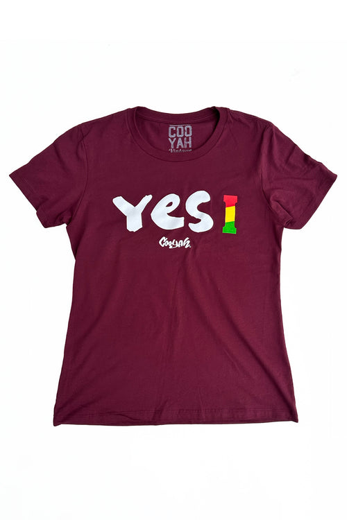 Cooyah Jamaica women's burgundy t-shirt with Yes I graphic screen printed in reggae colors. Jamaican clothing brand