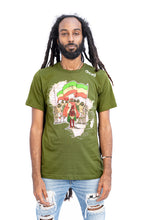 Load image into Gallery viewer, Cooyah Jamaica, Vintage men&#39;s short sleeve graphic tee with Haile Selassie graphic and Ethiopian Flag design in olive geen. Jamaican streetwear clothing. Rasta
