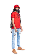 Load image into Gallery viewer, Cooyah Jamaica Irie Yard graphic tee and bucket hat  in red. Men&#39;s crew neck, short sleeve t-shirt. Jamaican clothing brand.
