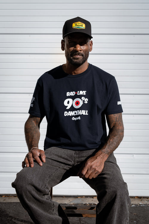 Cooyah Bad Like 90s Dancehall graphic t-shirt front view on model.