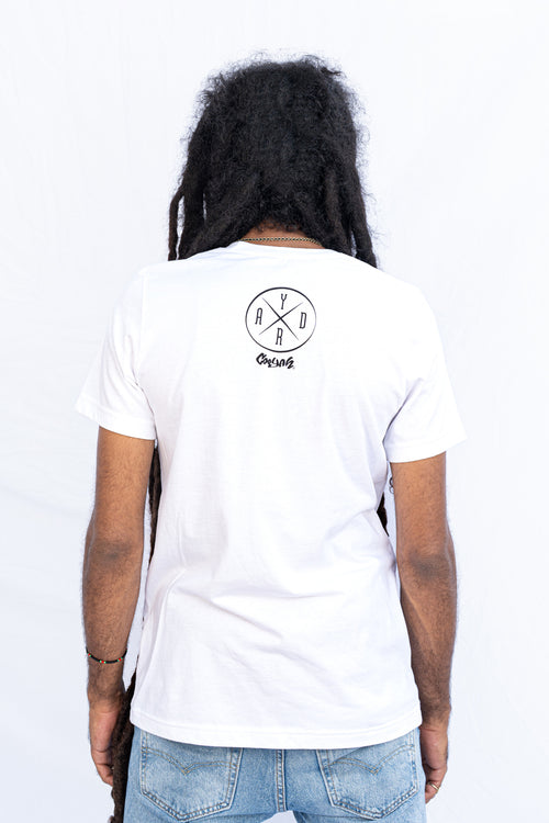Cooyah Jamaica- Men's white irie yard graphic tees. As a Jamaican owned clothing brand since 1987, we take pride in bringing you this classic piece. Don't wait, get yours now!