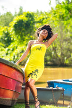 Load image into Gallery viewer, Cooyah Jamaica. Women&#39;s fitted Tube Dress with Rasta Lion graphics. Neon green. Jamaican clothing brand.
