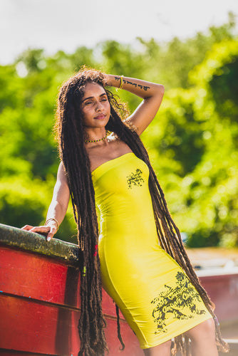 Cooyah Jamaica.  Women's fitted Tube Dress with Lion graphics.  Neon green.  Caribbean fashion.