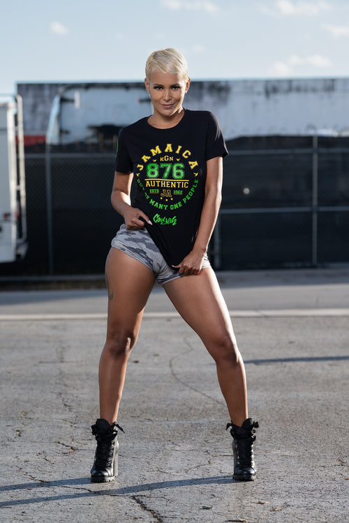 Cooyah Clothing. Women's Jamaica Area Code 876 graphic tee. Ringspun cotton, short sleeve, Jamaican clothing brand since 1987.
