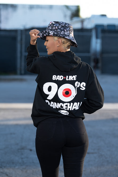 Cooyah Clothing. Bad Like 90s Dancehall hoodie. Jamaican streetwear style in black with a red and white screen print.
