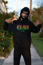Say no to racism and represent strength, courage, and confidence in the Rasta Bad Mind pullover hoodie.  Each hoodie is hand-printed with reggae colors.  The pullover silhouette offers a front kangaroo pocket with soft fabric.  This design is also available in short sleeve t-shirts.