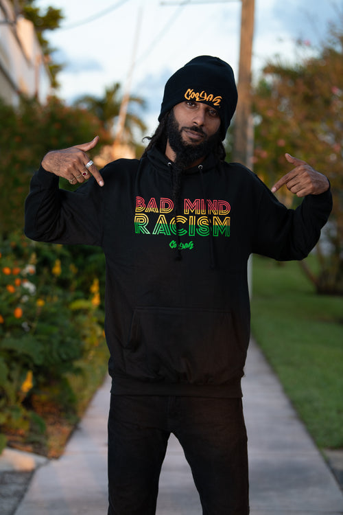 Say no to racism and represent strength, courage, and confidence in the Rasta Bad Mind pullover hoodie.  Each hoodie is hand-printed with reggae colors.  The pullover silhouette offers a front kangaroo pocket with soft fabric.  This design is also available in short sleeve t-shirts.