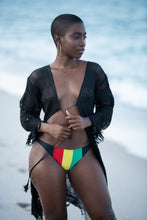 Load image into Gallery viewer, Cooyah Jamaica cotton crochet beach cover up with Kimono sleeves in black.  With Rasta bikini bottom.  Swimwear 
