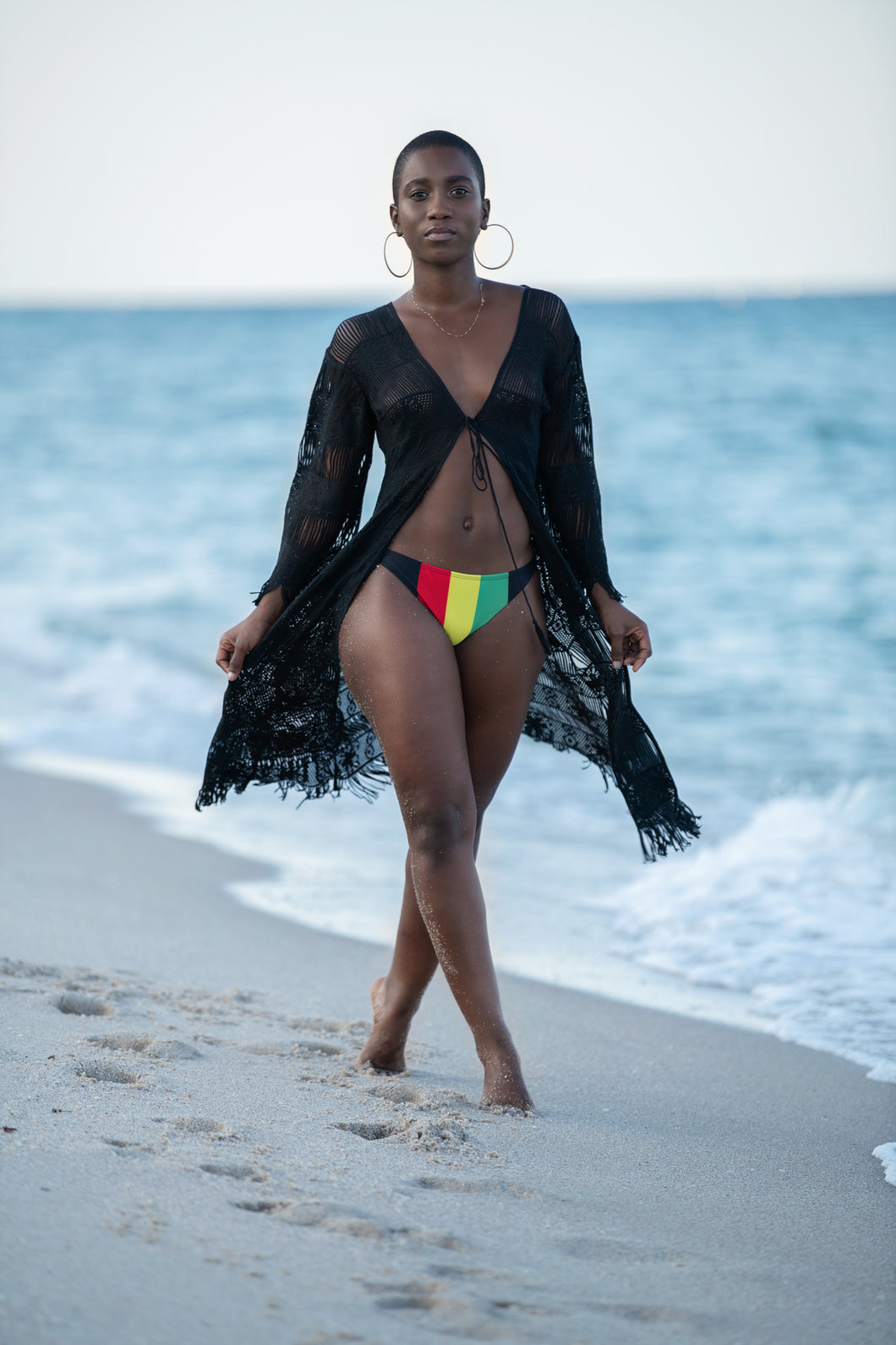 Cooyah Jamaica cotton crochet beach cover up with Kimono sleeves in black.  Reggae swimwear with rasta colors.  Beach wear