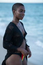 Load image into Gallery viewer, Cooyah Jamaica cotton crochet beach cover up with Kimono sleeves in black.  Beachwear
