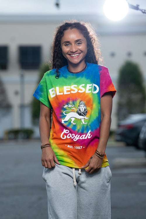 Cooyah Tie-Dye shirt with Blessed Lion graphic.