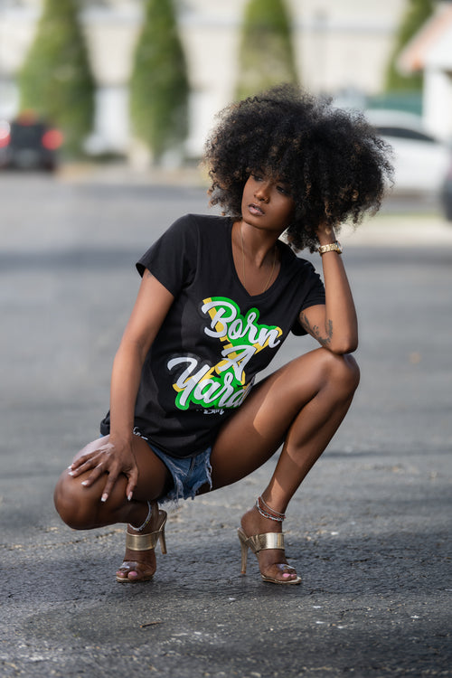 Cooyah Jamaica Born a Yardie women's v-neck graphic tee in black.