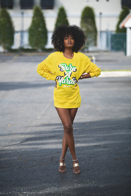 Cooyah women's yellow pullover sweatshirt with Born A Yardie design screen printed in Jamaian colors