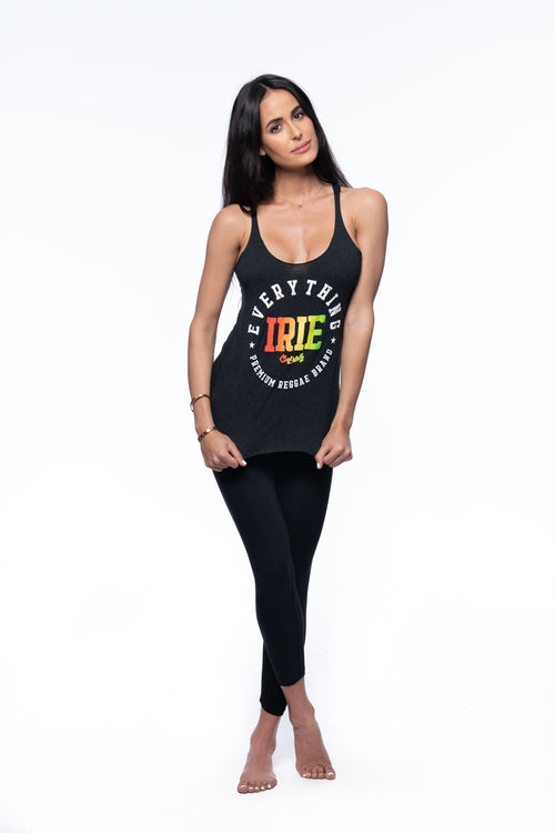 Cooyah Jamaica Everything Irie womens racerback tank top screen printed with reggae colors. Jamaican beachwear clothing brand.