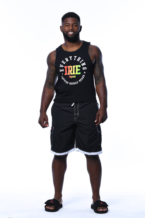 Cooyah Jamaica.  Everything Irie men's black tank top with reggae graphics.  Jamaican streetwear clothing since 1987.
