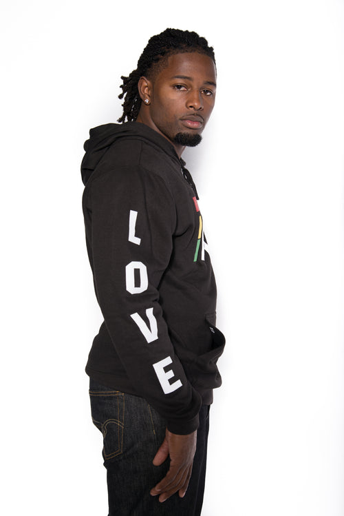 Classic irie hoodies from Jamaican clothing brand Cooyah with Love graphic on the sleeve