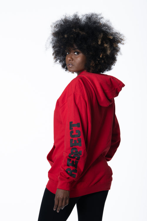 Cooyah Jamaica. Women's Irie red pullover hoodie with respect screen printed on the sleeves. Jamaican reggae clothing.