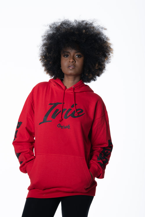 Cooyah Jamaica - Women's Irie Yard red pullover hoodie. Jamaican reggae clothing.