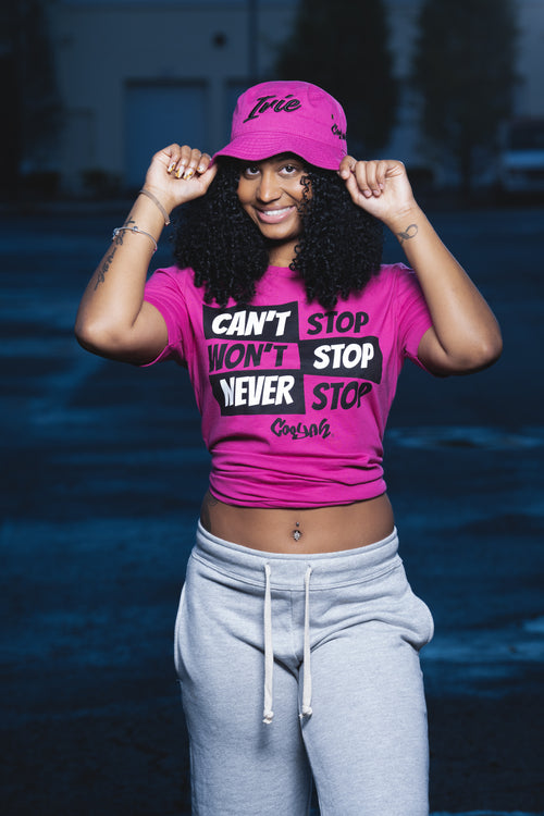 Cooyah Can't Stop Won't Stop Boyfriend Fit Tee in pink.  Jamaican clothing brand.