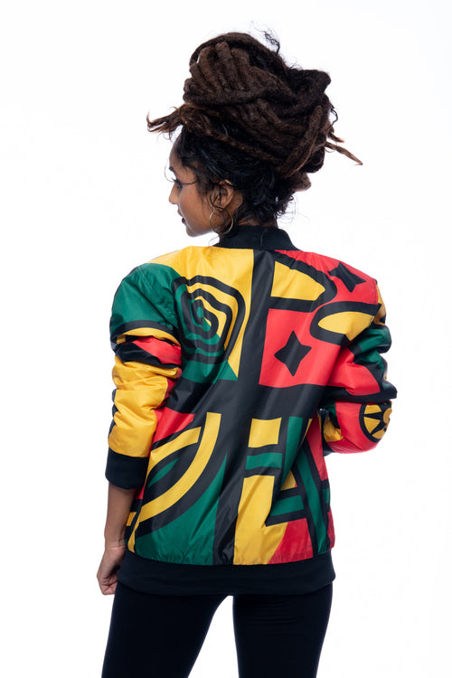 Back view of Cooyah Africa Jacket with bold red, yellow, green graphic pattern