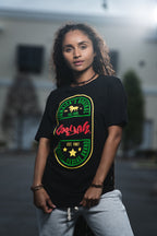 Cooyah - women's black Ethiopia graphic tee with red, gold, and green screen print.  Rasta style shirt with lion graphic.