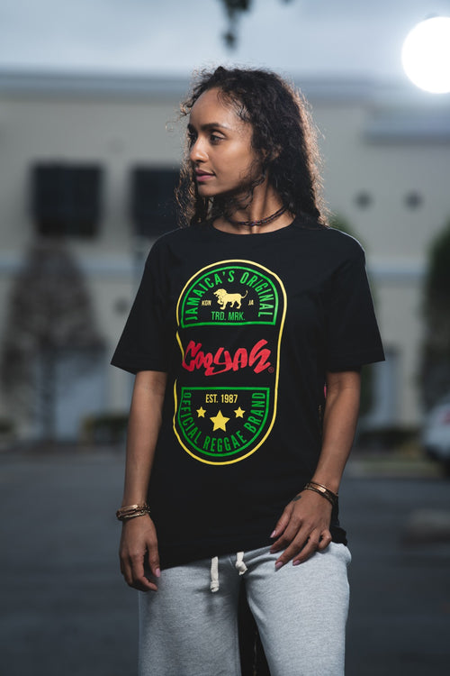 Cooyah Clothing - women's black Ethiopia graphic tee with red, gold, and green screen print.  Reggae style shirt with lion graphic.