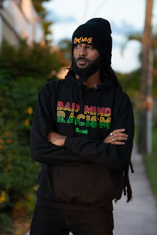 Say no to racism and represent strength, courage, and confidence in the Rasta Bad Mind pullover hoodie.  Each hoodie is hand-printed with reggae colors.  The pullover silhouette offers a front kangaroo pocket with soft fabric.  This design is also available in short sleeve t-shirts.