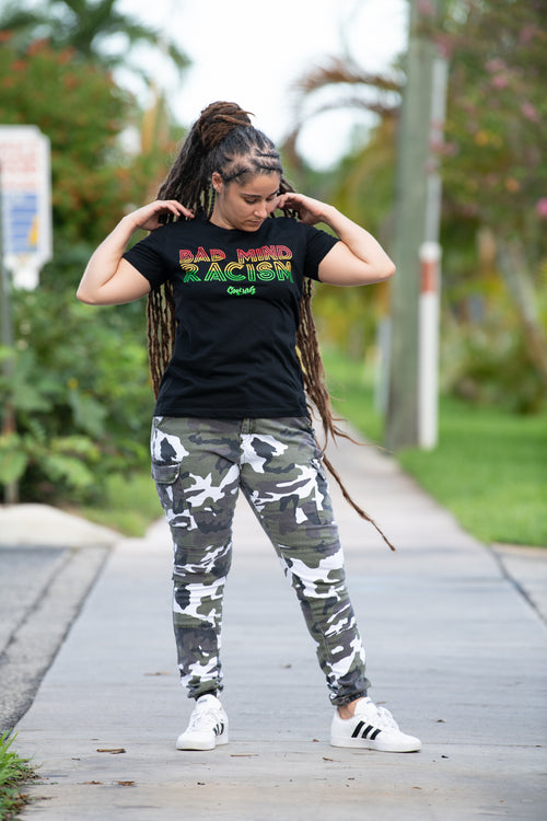 Cooyah Rasta Badmind Racism Graphic Women's T-shirt.  Screen printed in reggae colors on a black tee.