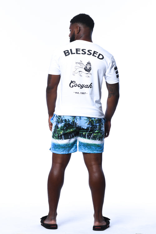 Cooyah Jamaica.  Mens Blessed Lion of Judah graphic printed on the back. We are a Jamaican owned streetwear clothing brand established in 1987.  IRIE