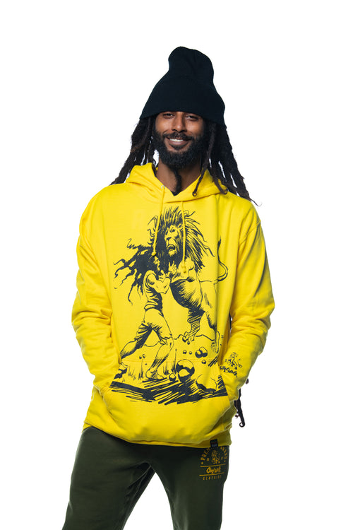 Cooyah Jamaica - Men's Dread and Lion rasta hoodies in yellow with reggae style print.  Jamaican streetwear clothing since 1987.