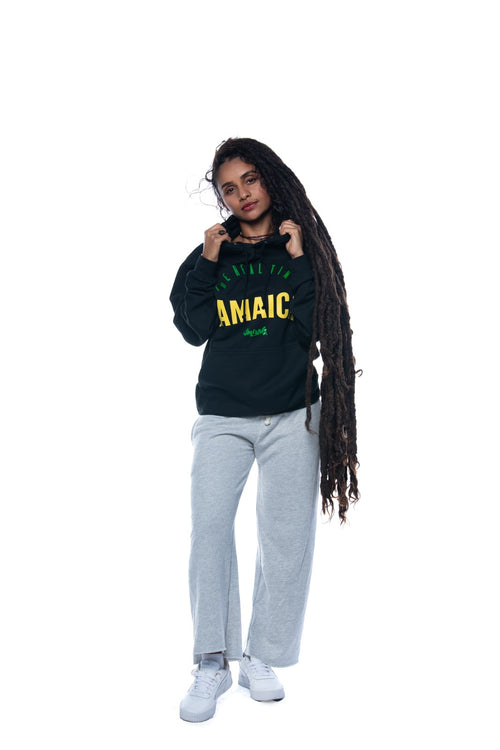 Cooyah Clothing.  Women's Real Ting Jamaica Pullover Hoodie screen printed in Jamaican colors.  Featuring soft fabric, screen printed, front kangaroo pocket, and matching drawstrings.