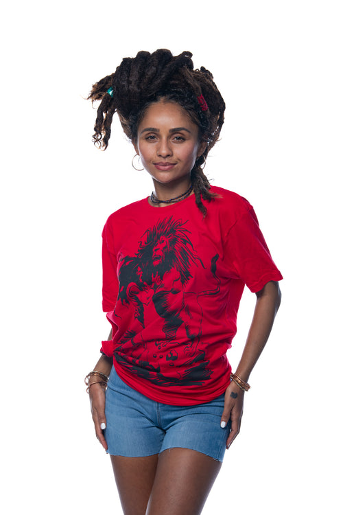 Cooyah Jamaica women's crew neck tee with Dread and Lion rasta graphic in red. As a Jamaican owned clothing brand since 1987, we take pride in bringing you this classic piece. Don't wait, get yours now!