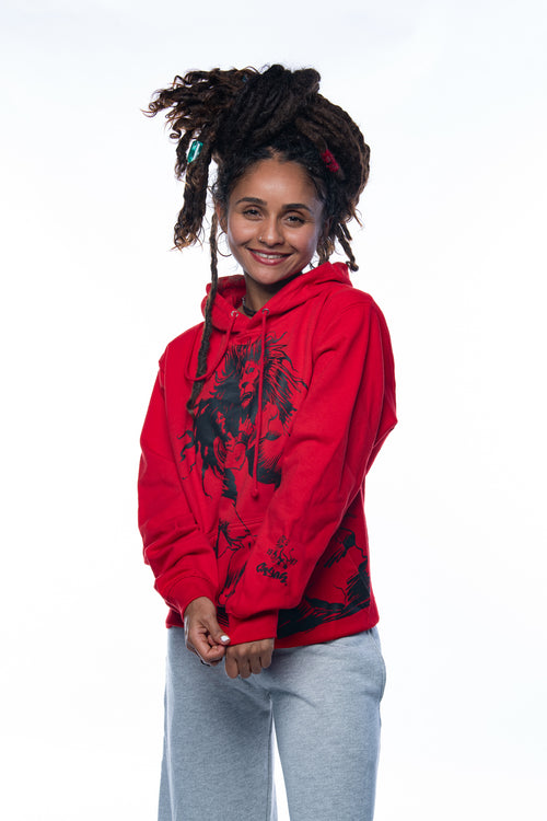 Cooyah rootswear women's rasta hoodie with Dread and Lion graphic in red. Jamaican streetwear clothing since 1987.  Reggae style.