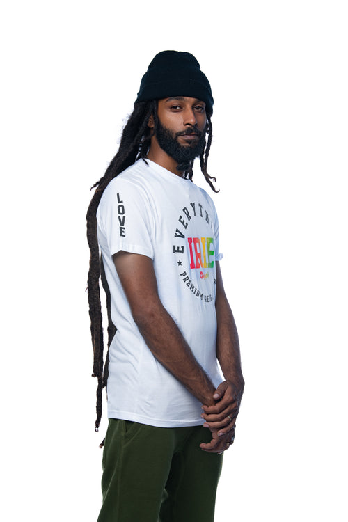 Cooyah Jamaica Everything Irie men's short sleeve graphic tee with reggae colors.  Love design screen printed on the sleeve.  Jamaican clothing brand.