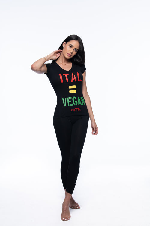 Cooyah Jamaica graphic tee in black. Women's v-neck, short sleeve t-shirt. Jamaican clothing brand. Ital Equals Vegan