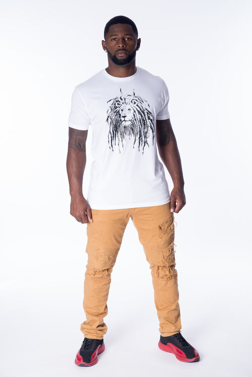 Cooyah Jamaica. Men's Lion Sparkle T-Shirt. Rasta Lion with Dreads design on ringspun cotton. Jamaican clothing brand.