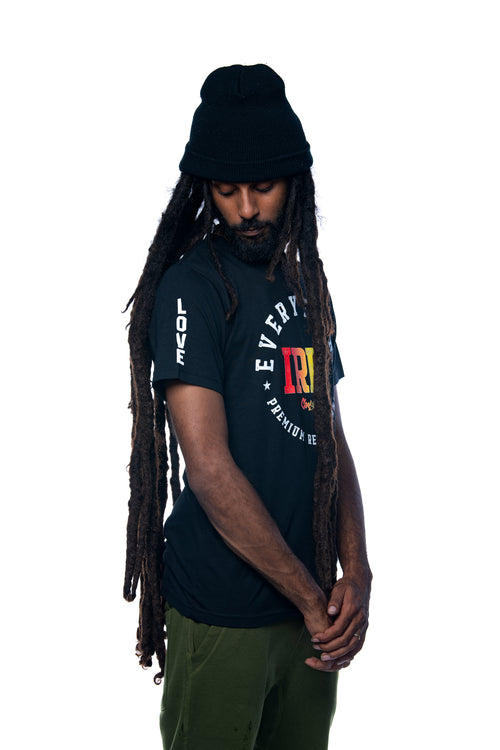 Cooyah Jamaica Everything Irie men's short sleeve graphic tee with reggae colors.  Love design screen printed on the sleeve.   Jamaican clothing brand.